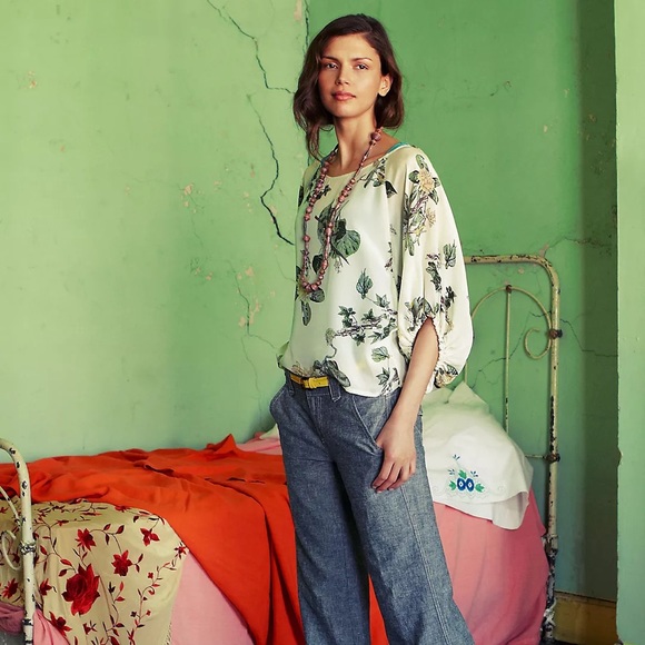 Anthropologie Tops - Anthropologie Lil First Hints Bird Floral Silk Blouse Top 0